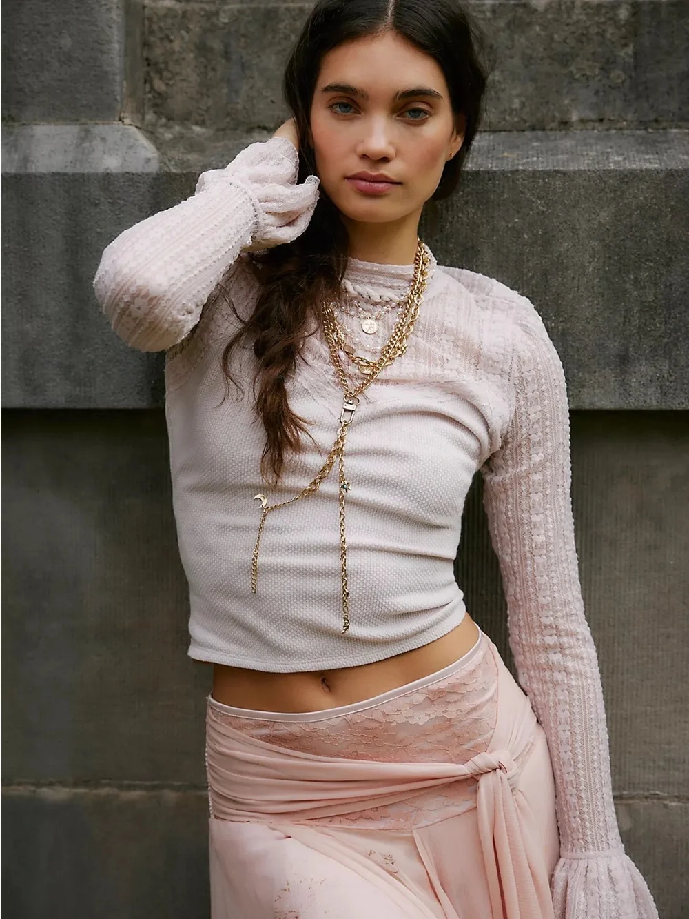 Free People Blush Pink Lace-Trim Long Sleeve Top